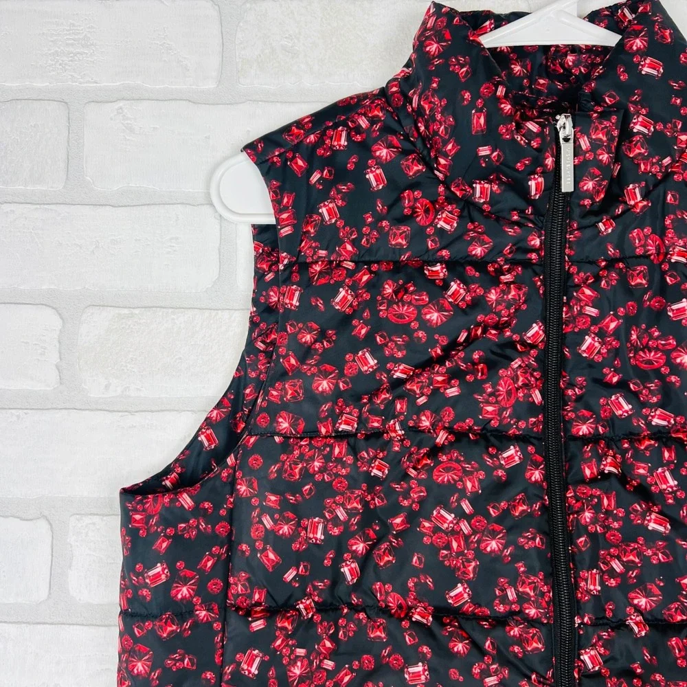 Michael Kors Women Ruby Gemstone Print Puffer Vest Black Red Zip Up Large
